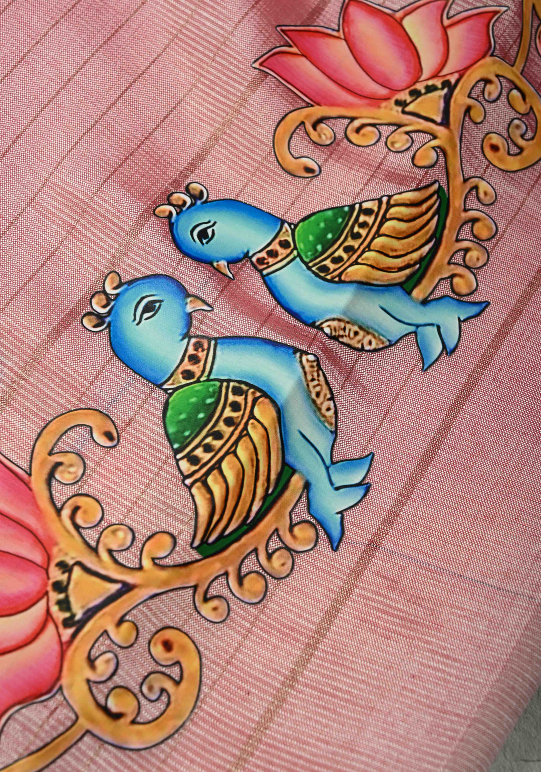 Rose Pink Handwoven Mangalagiri Silk Cotton Saree with Printed Parrot Motifs