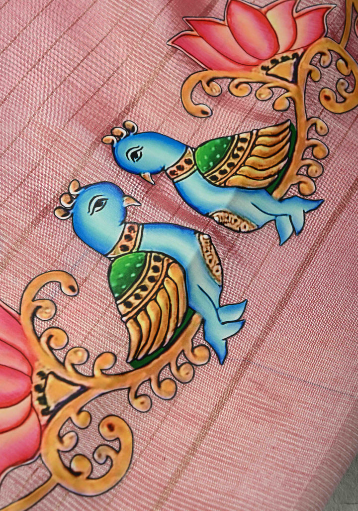 Rose Pink Handwoven Mangalagiri Silk Cotton Saree with Printed Parrot Motifs