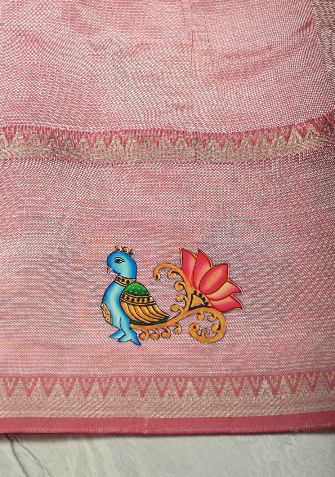 Rose Pink Handwoven Mangalagiri Silk Cotton Saree with Printed Parrot Motifs