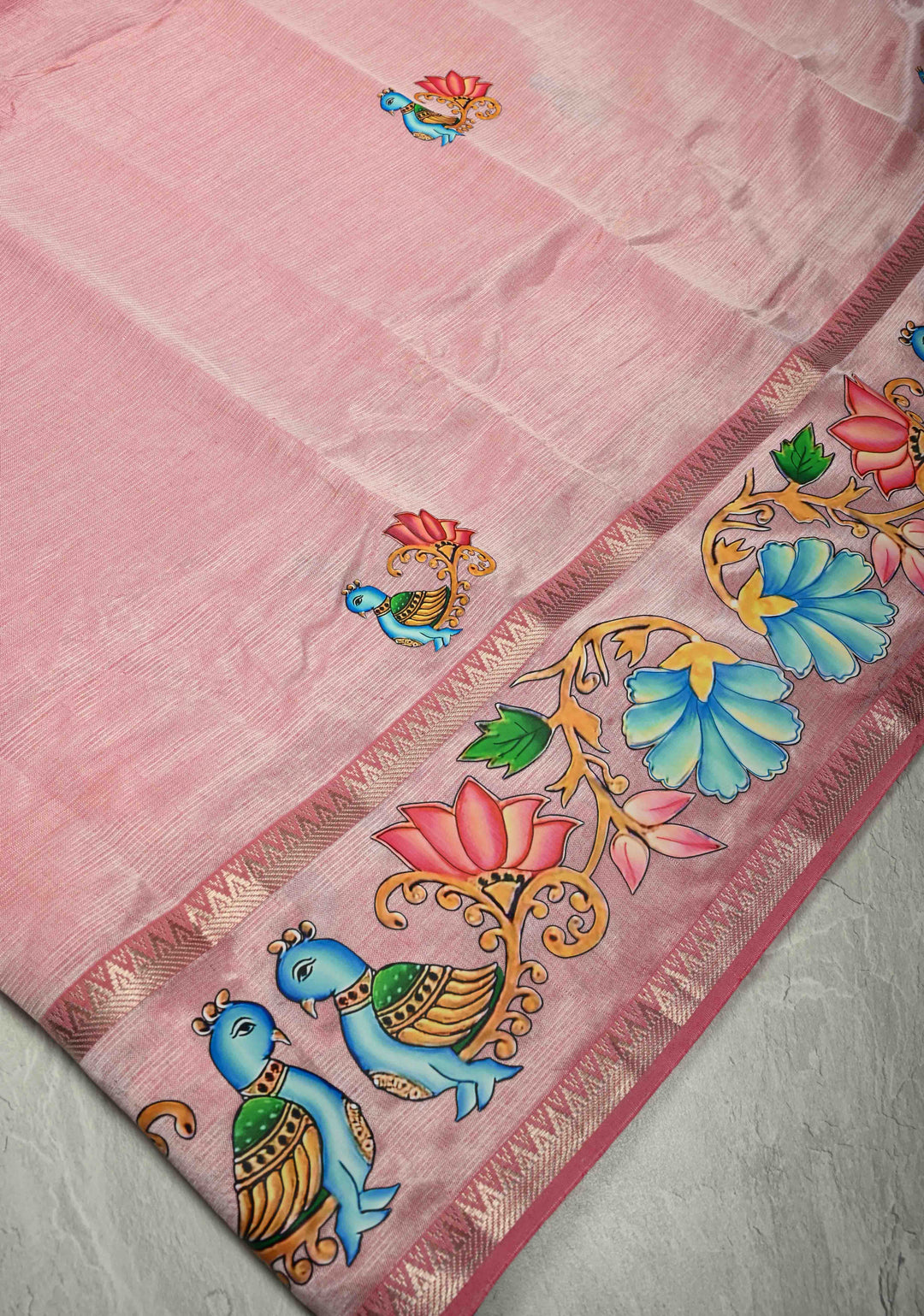 Rose Pink Handwoven Mangalagiri Silk Cotton Saree with Printed Parrot Motifs