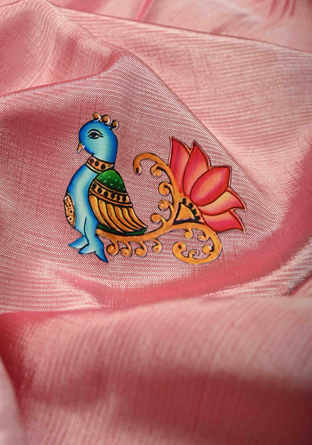 Rose Pink Handwoven Mangalagiri Silk Cotton Saree with Printed Parrot Motifs