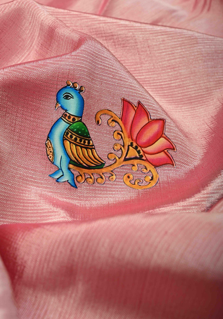 Rose Pink Handwoven Mangalagiri Silk Cotton Saree with Printed Parrot Motifs