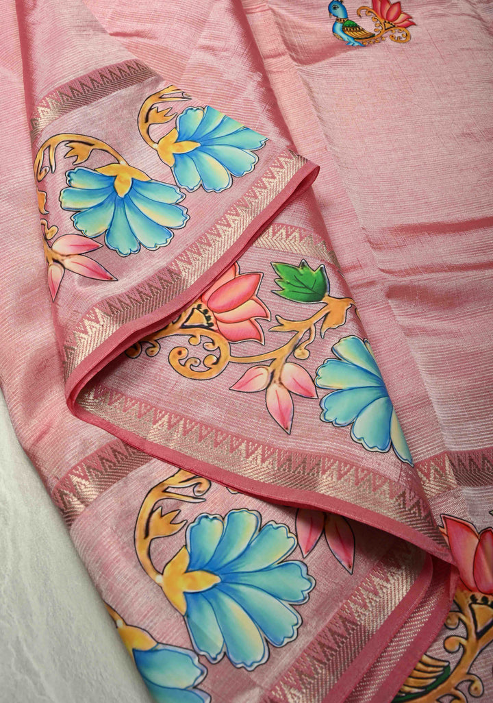 Rose Pink Handwoven Mangalagiri Silk Cotton Saree with Printed Parrot Motifs