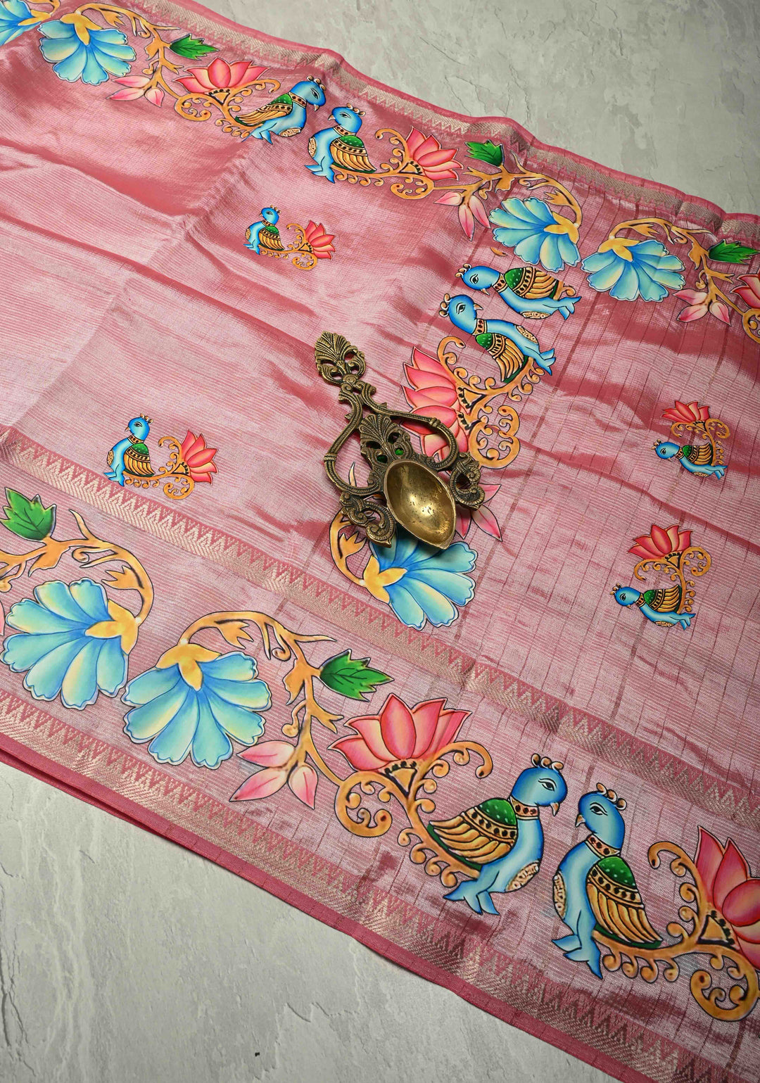 Rose Pink Handwoven Mangalagiri Silk Cotton Saree with Printed Parrot Motifs