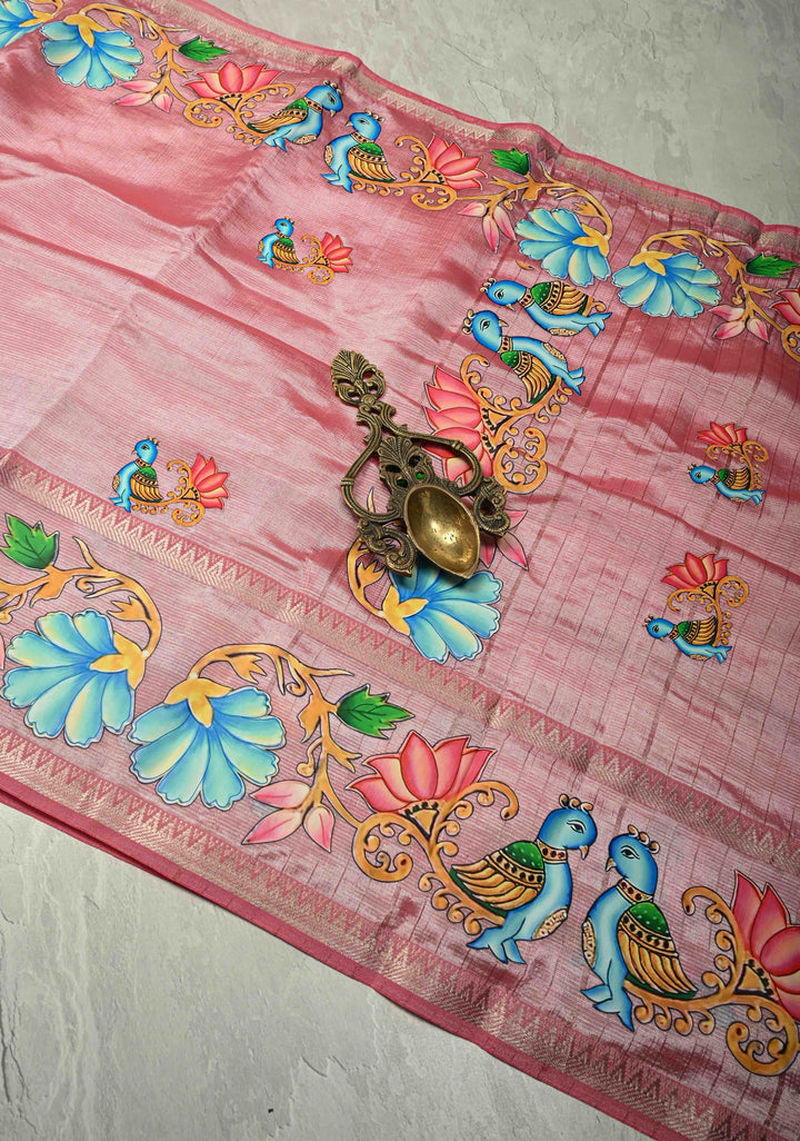 Rose Pink Handwoven Mangalagiri Silk Cotton Saree with Printed Parrot Motifs