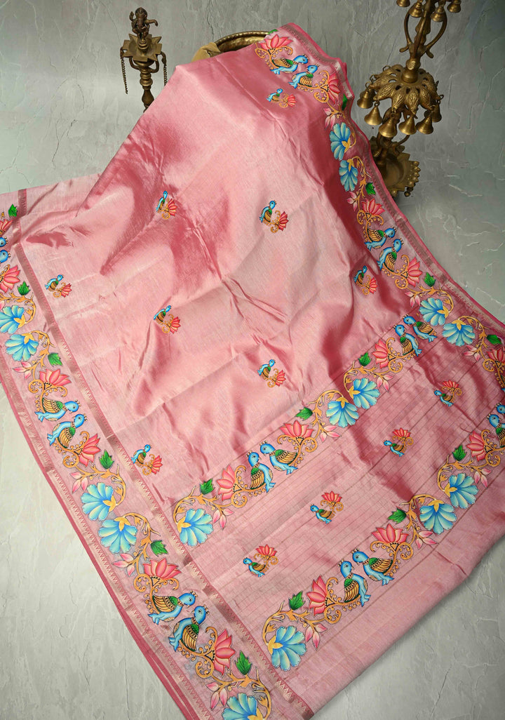 Rose Pink Handwoven Mangalagiri Silk Cotton Saree with Printed Parrot Motifs