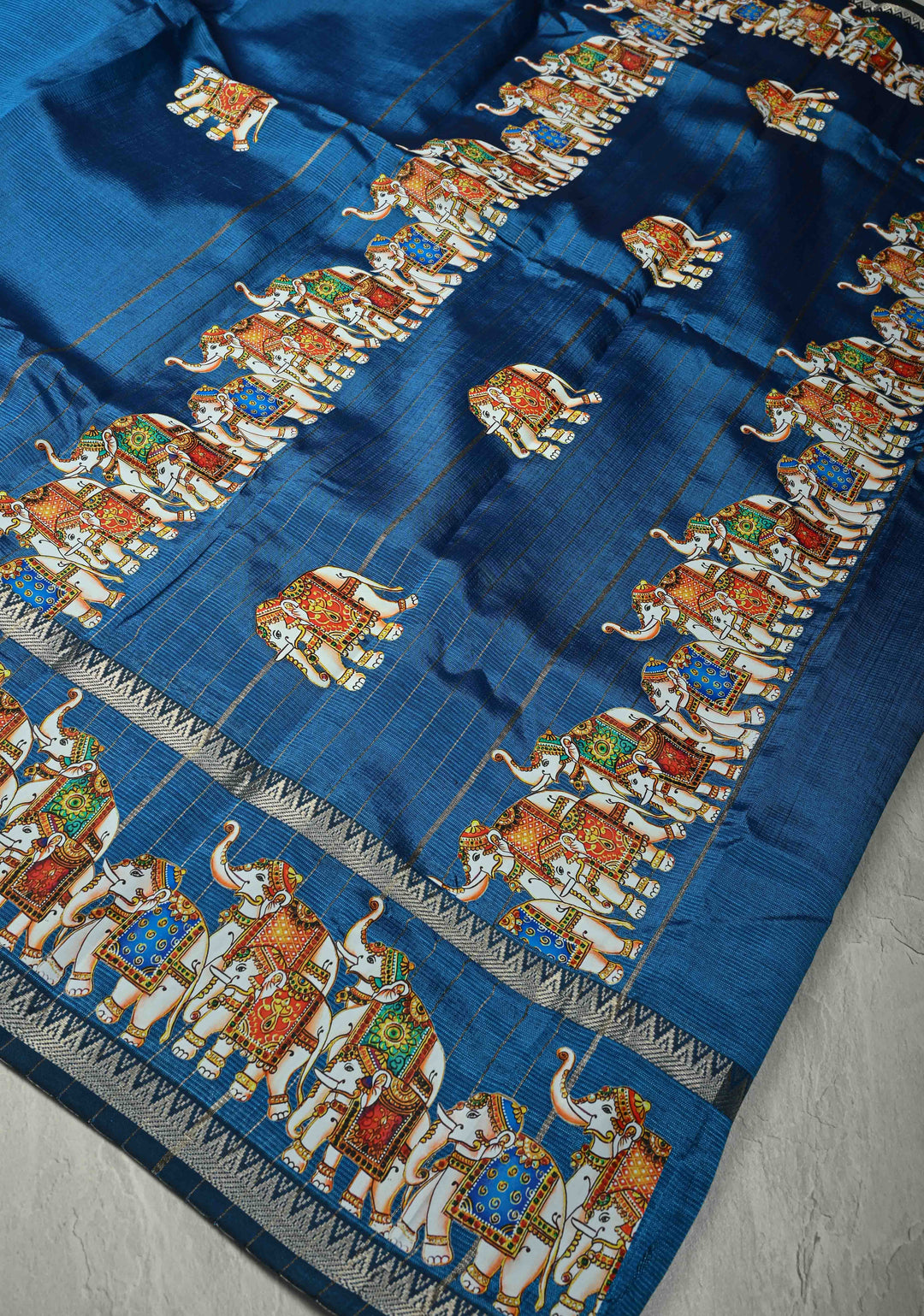 Peacock Blue Handwoven Mangalagiri Silk Cotton Saree with Printed Elephant Motifs