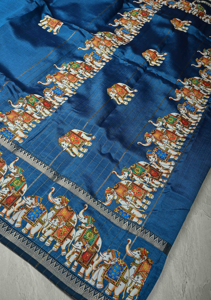 Peacock Blue Handwoven Mangalagiri Silk Cotton Saree with Printed Elephant Motifs