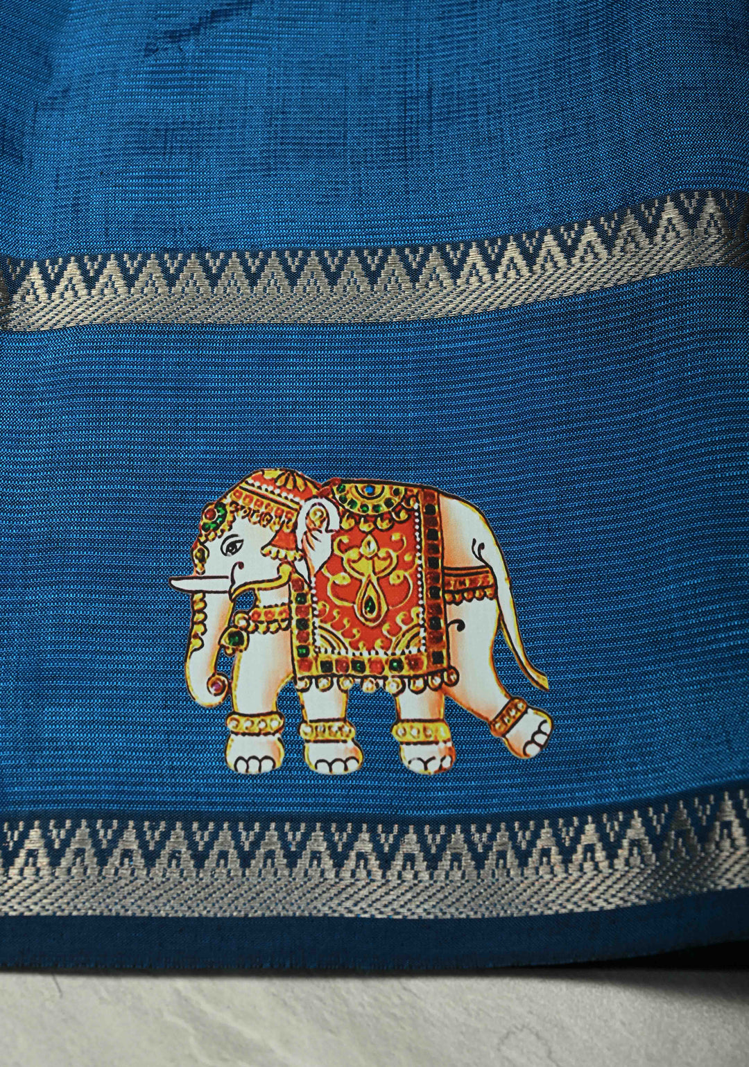 Peacock Blue Handwoven Mangalagiri Silk Cotton Saree with Printed Elephant Motifs