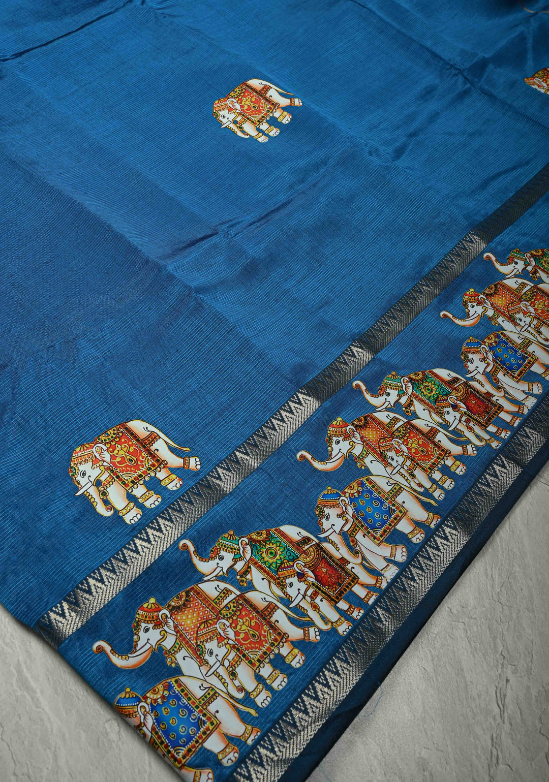 Peacock Blue Handwoven Mangalagiri Silk Cotton Saree with Printed Elephant Motifs