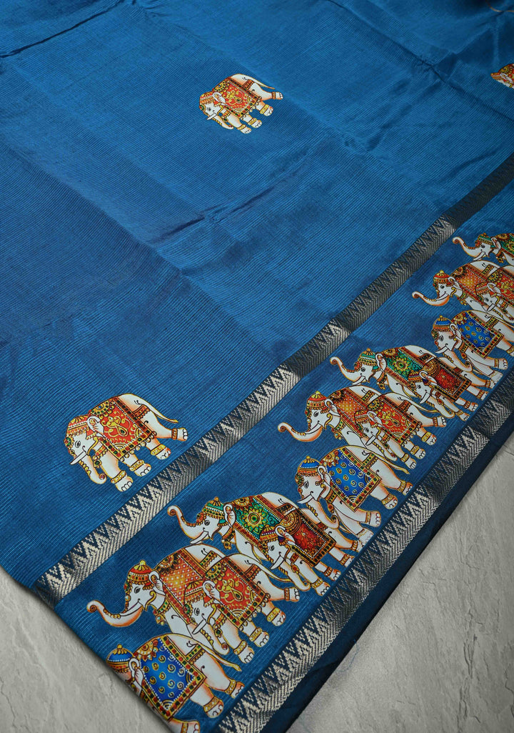 Peacock Blue Handwoven Mangalagiri Silk Cotton Saree with Printed Elephant Motifs