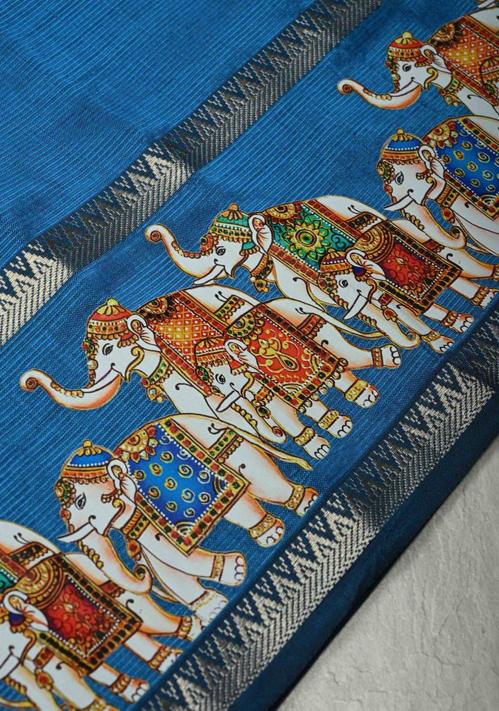 Peacock Blue Handwoven Mangalagiri Silk Cotton Saree with Printed Elephant Motifs