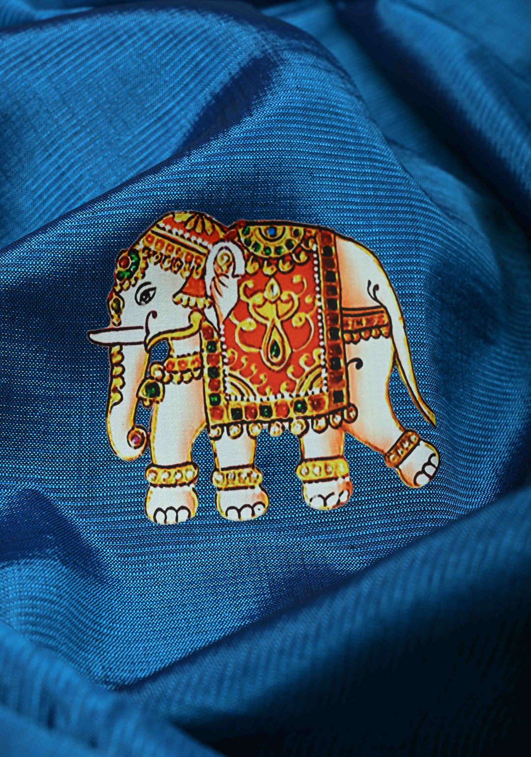 Peacock Blue Handwoven Mangalagiri Silk Cotton Saree with Printed Elephant Motifs
