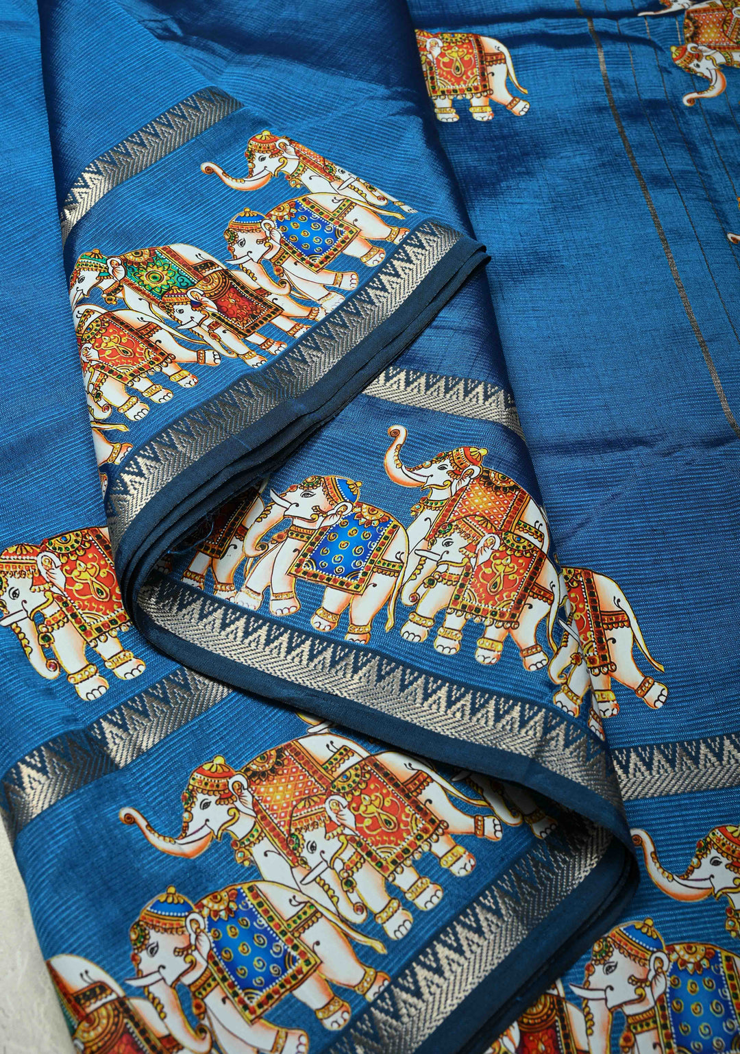 Peacock Blue Handwoven Mangalagiri Silk Cotton Saree with Printed Elephant Motifs