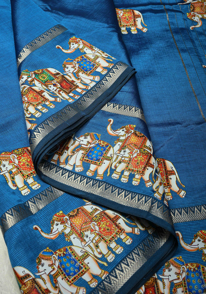 Peacock Blue Handwoven Mangalagiri Silk Cotton Saree with Printed Elephant Motifs