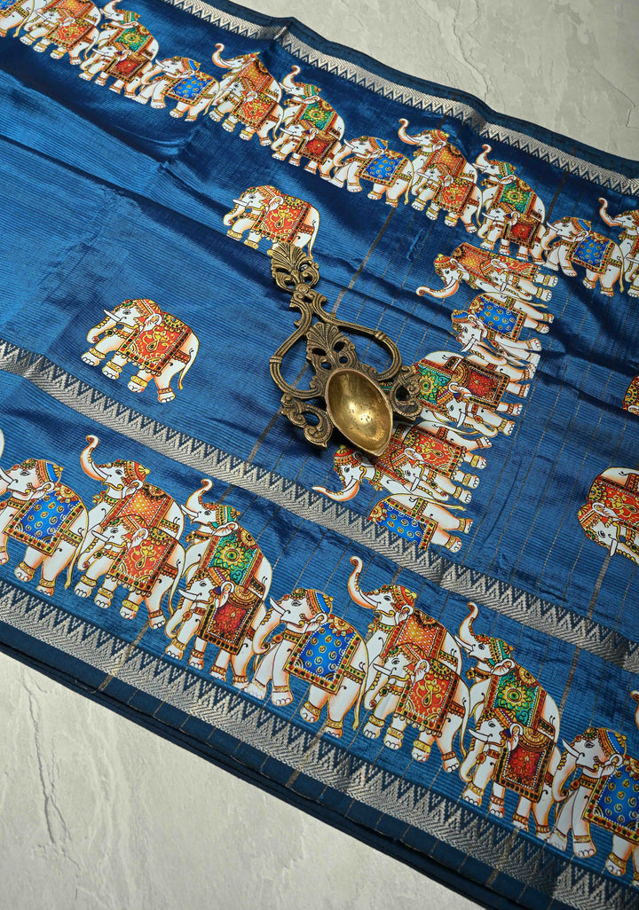 Peacock Blue Handwoven Mangalagiri Silk Cotton Saree with Printed Elephant Motifs