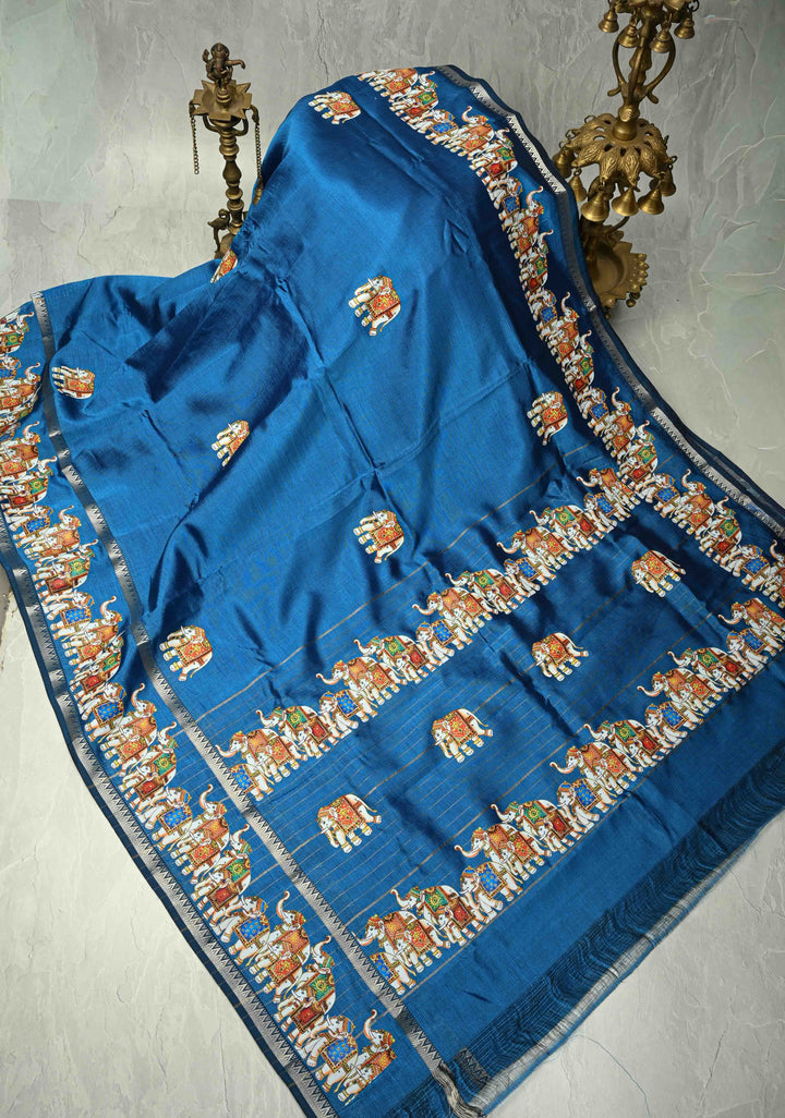 Peacock Blue Handwoven Mangalagiri Silk Cotton Saree with Printed Elephant Motifs
