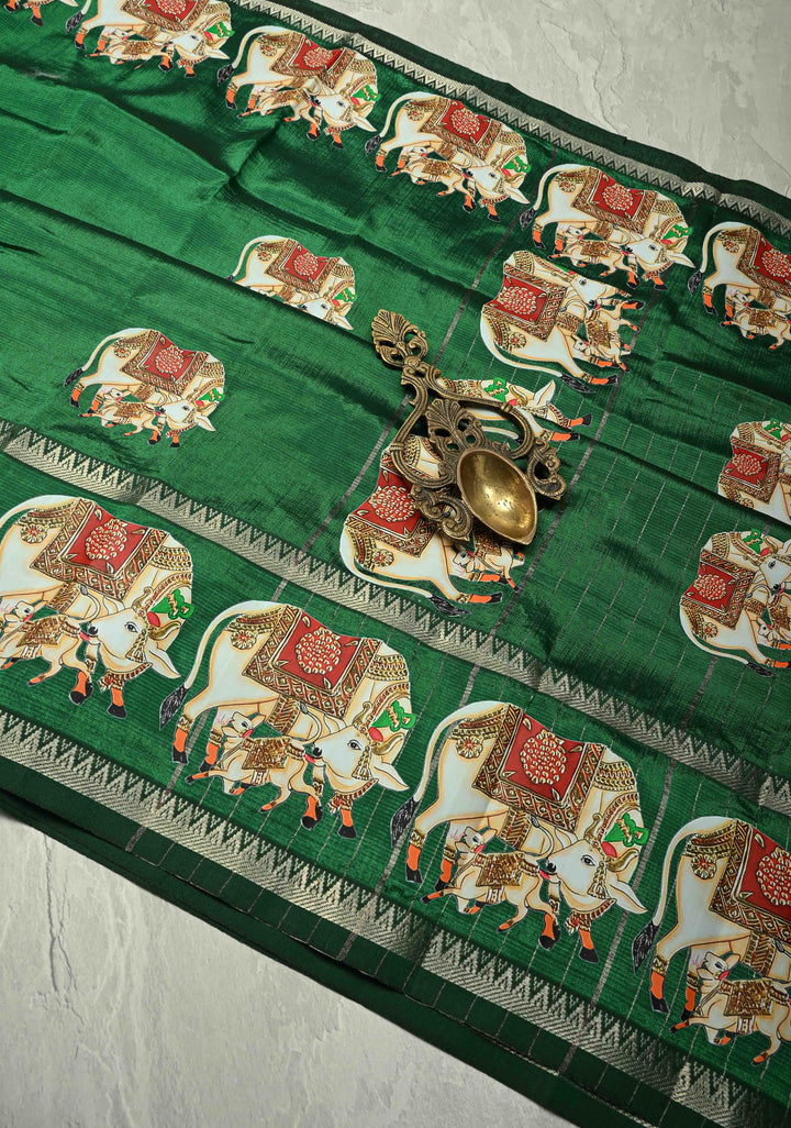 Emerald Green Handwoven Mangalagiri Silk Cotton Saree with Nandi Printed Motifs