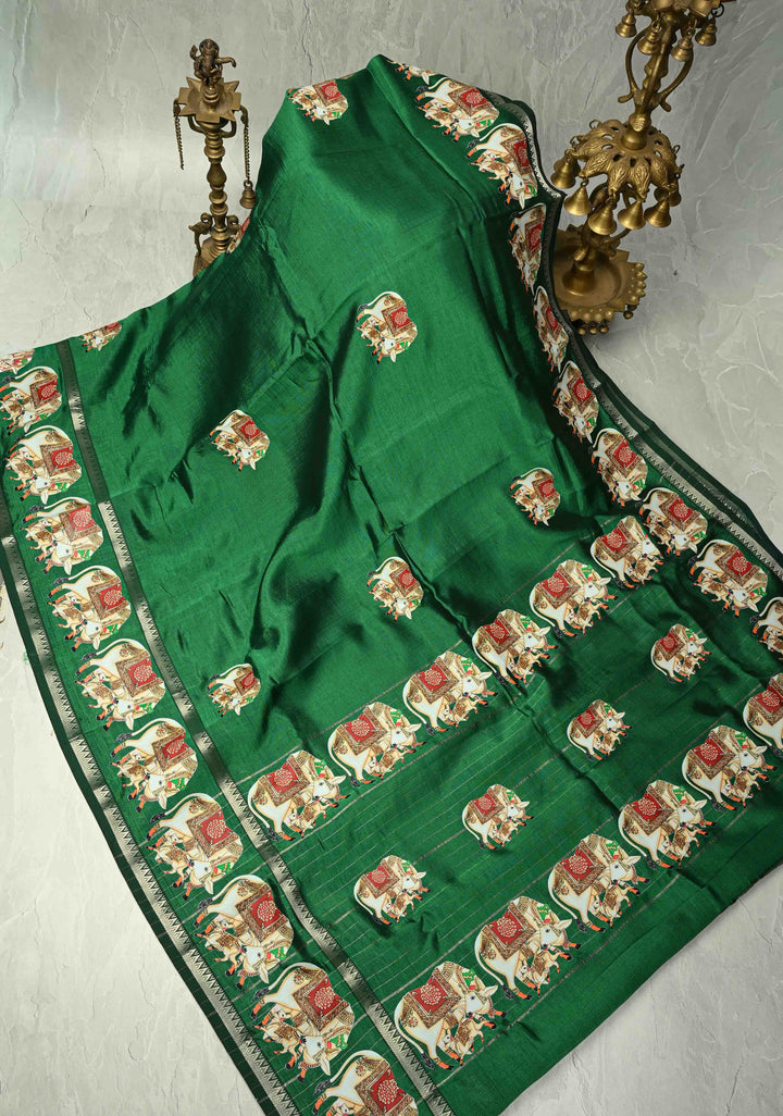 Emerald Green Handwoven Mangalagiri Silk Cotton Saree with Nandi Printed Motifs