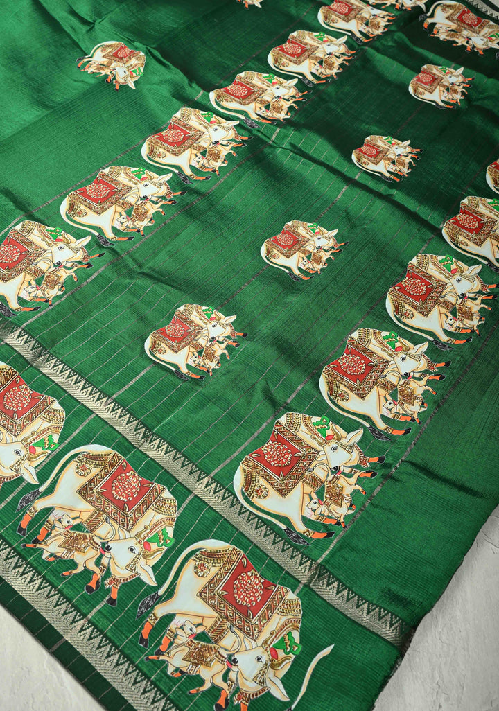 Emerald Green Handwoven Mangalagiri Silk Cotton Saree with Nandi Printed Motifs