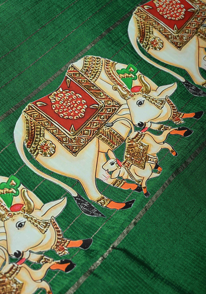 Emerald Green Handwoven Mangalagiri Silk Cotton Saree with Nandi Printed Motifs