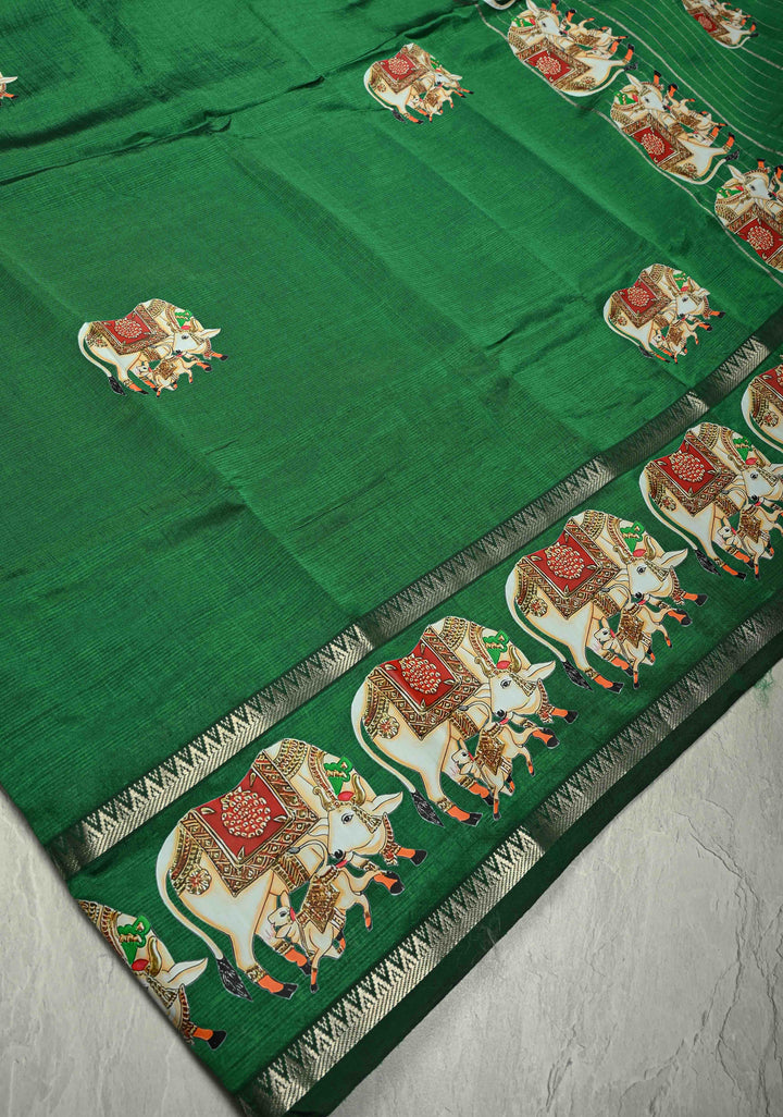 Emerald Green Handwoven Mangalagiri Silk Cotton Saree with Nandi Printed Motifs