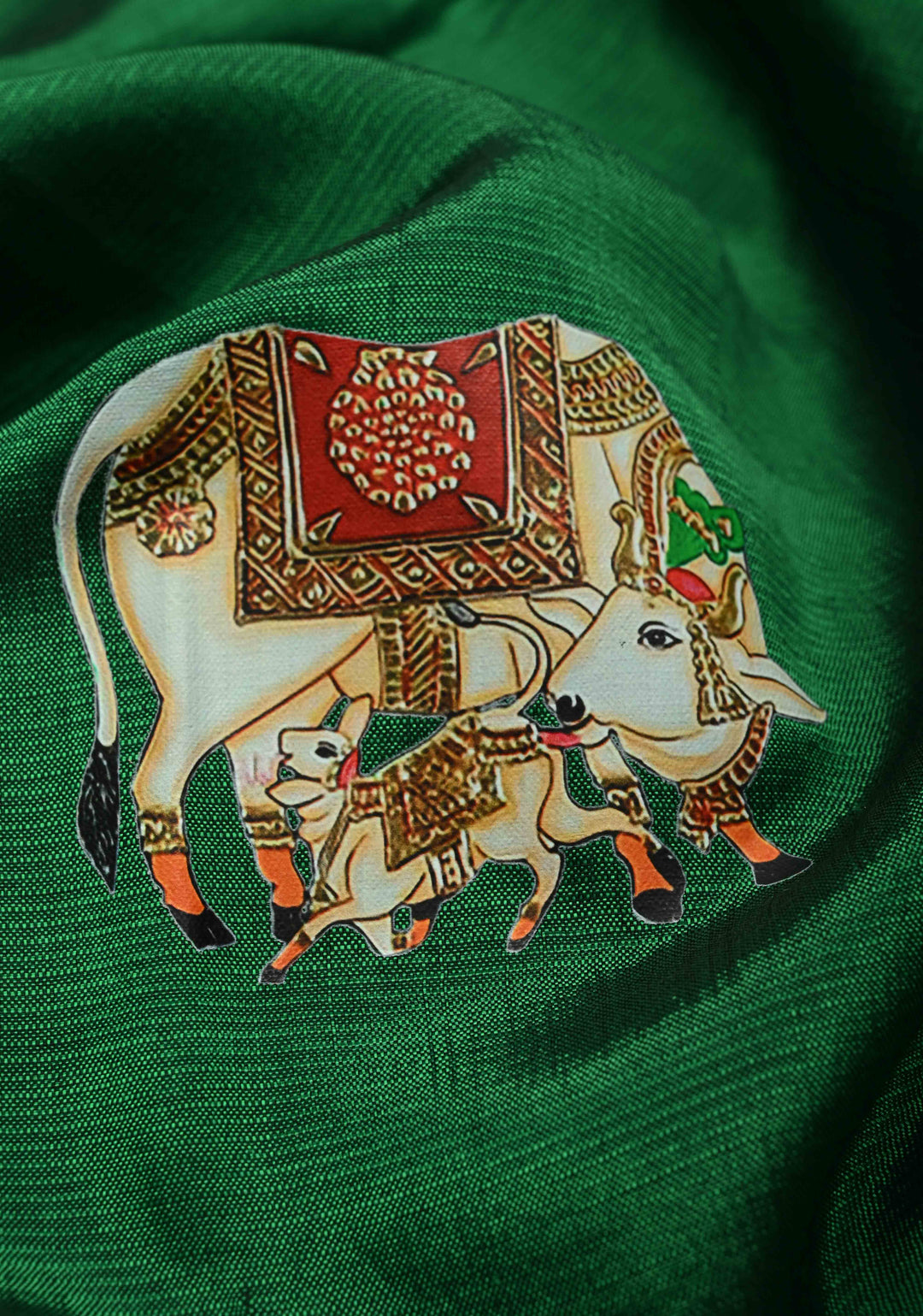 Emerald Green Handwoven Mangalagiri Silk Cotton Saree with Nandi Printed Motifs