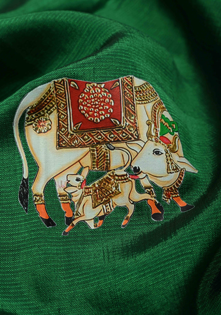Emerald Green Handwoven Mangalagiri Silk Cotton Saree with Nandi Printed Motifs