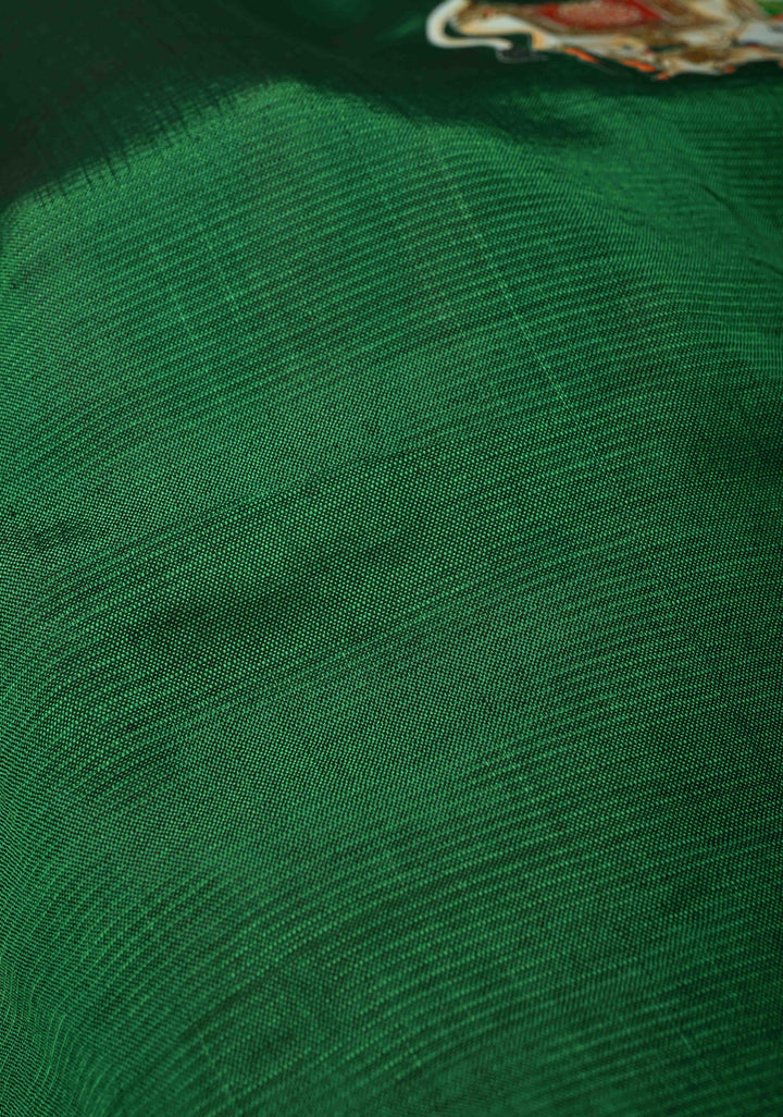 Emerald Green Handwoven Mangalagiri Silk Cotton Saree with Nandi Printed Motifs