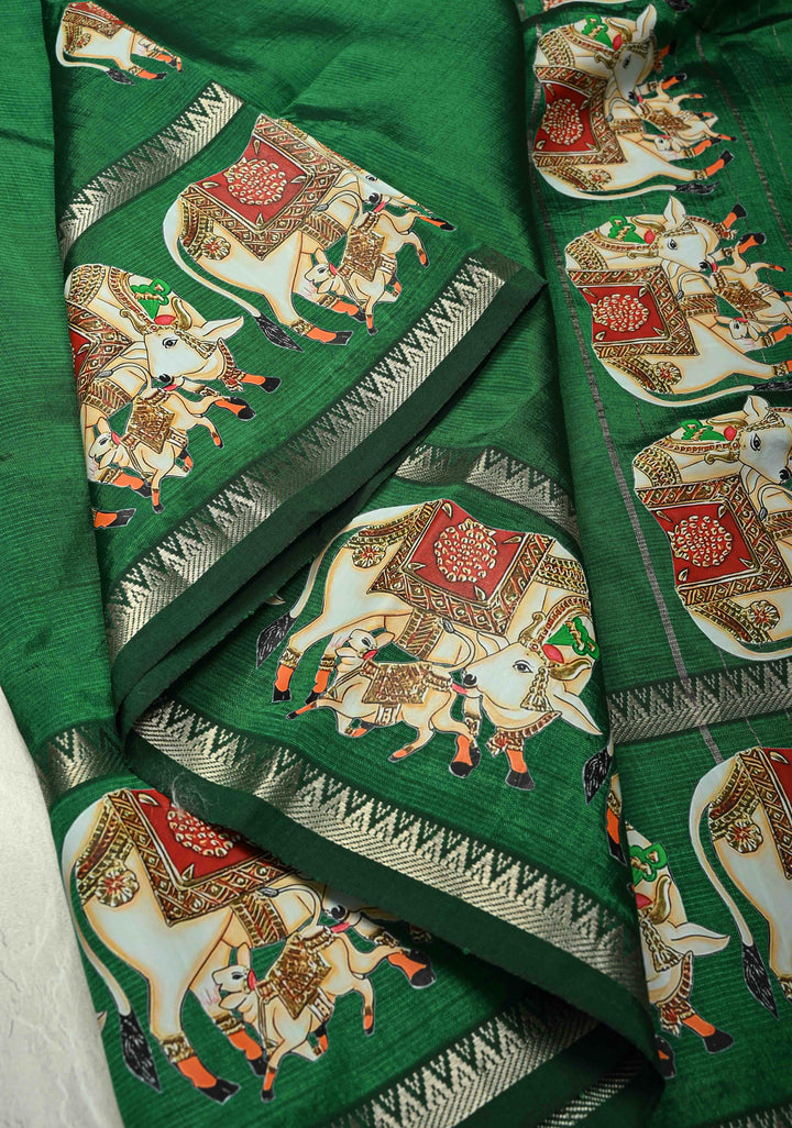 Emerald Green Handwoven Mangalagiri Silk Cotton Saree with Nandi Printed Motifs
