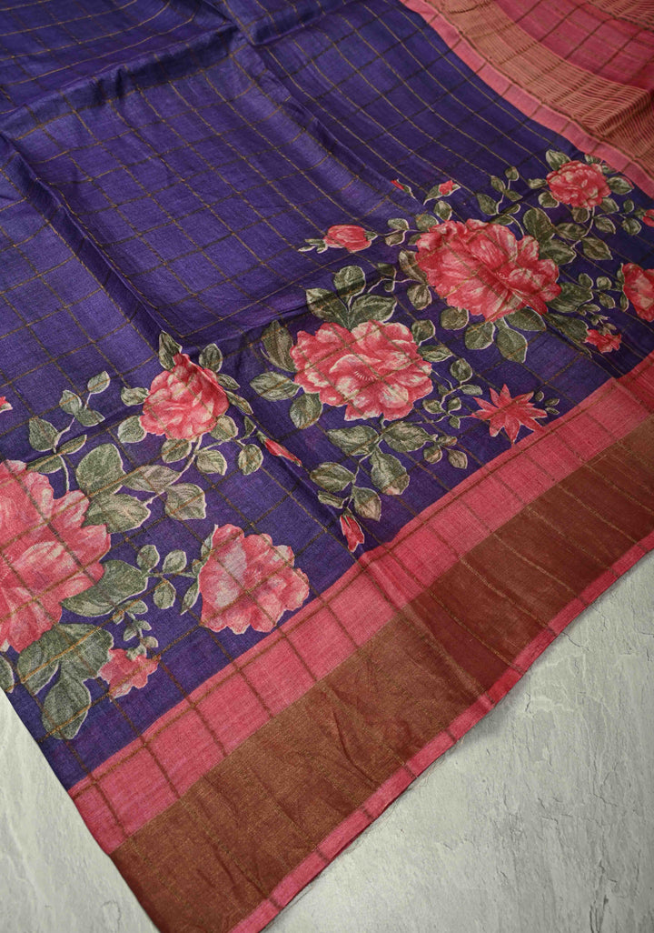 Terracotta Jari Tussar Silk Saree with Floral Kalamkari Digital Print | SILK MARK CERTIFIED (Copy)