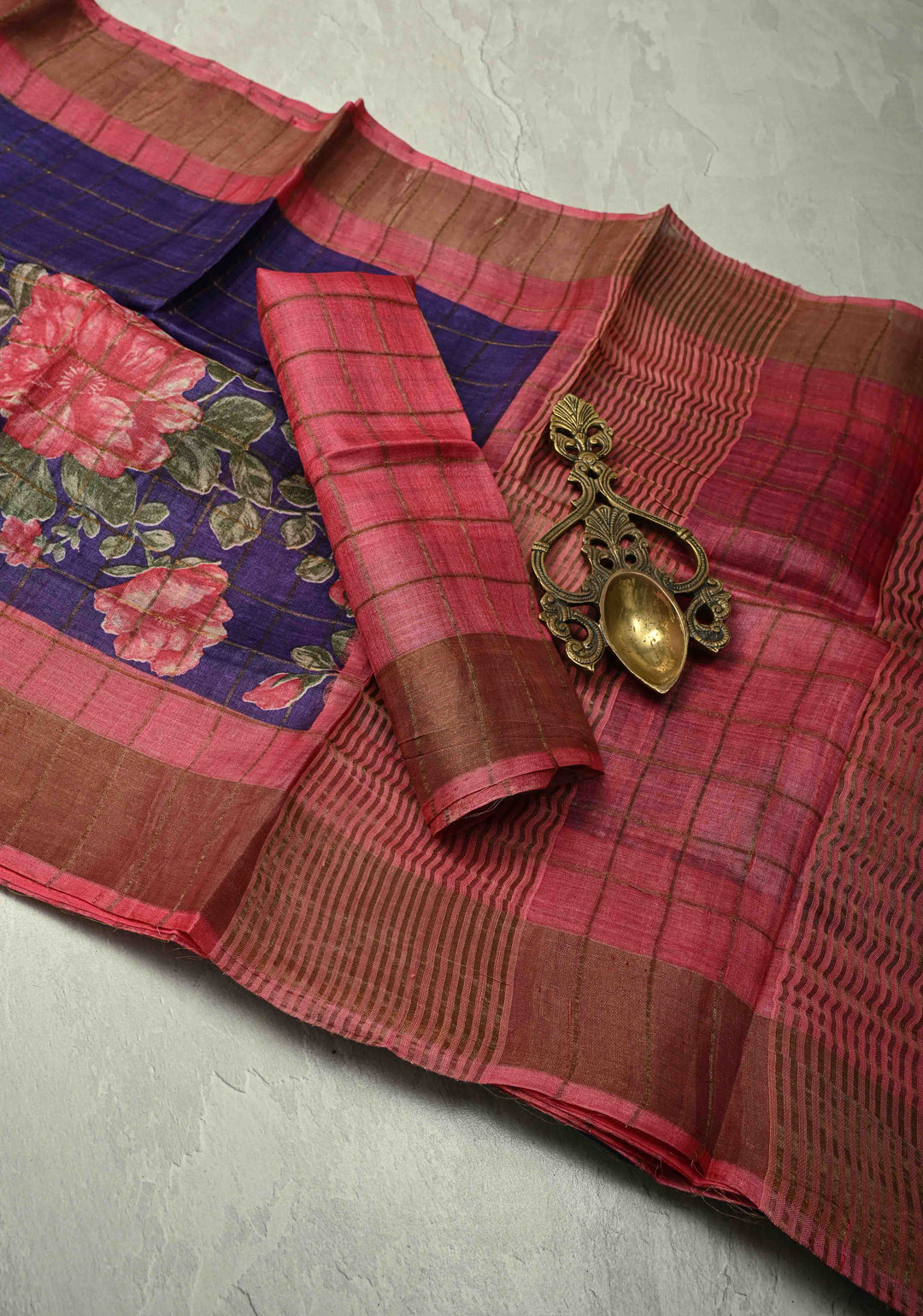 Terracotta Jari Tussar Silk Saree with Floral Kalamkari Digital Print | SILK MARK CERTIFIED (Copy)