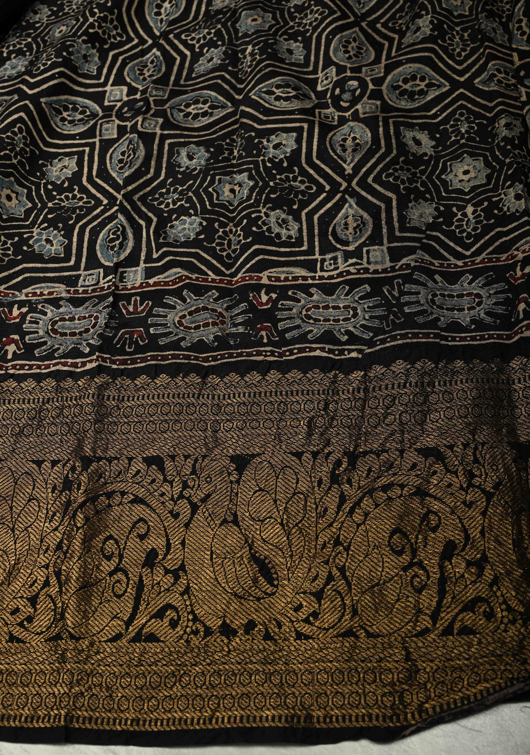 Black Modal Silk Fusion Saree with Hand Block Print and Zari Border