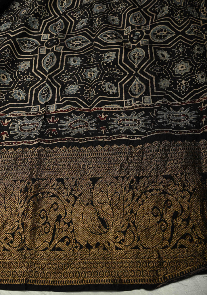 Black Modal Silk Fusion Saree with Hand Block Print and Zari Border