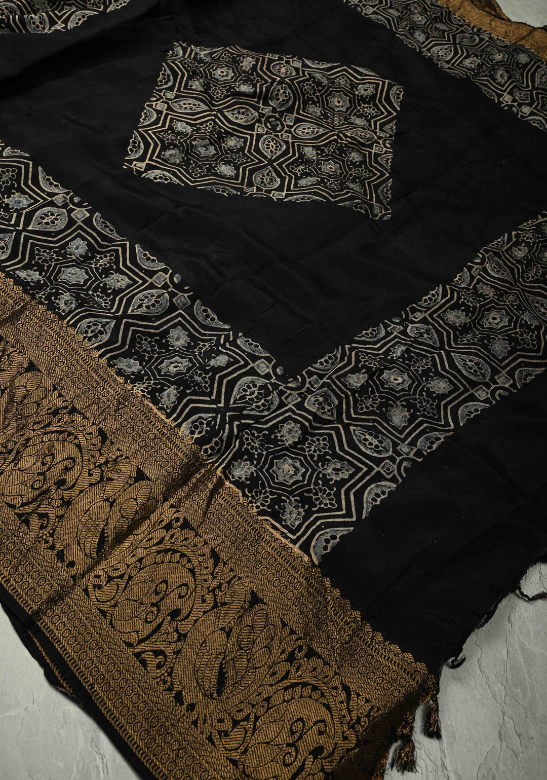 Black Modal Silk Fusion Saree with Hand Block Print and Zari Border