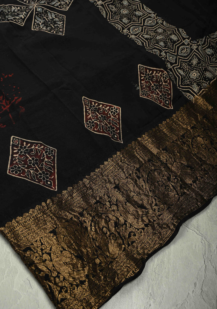 Black Modal Silk Fusion Saree with Hand Block Print and Zari Border