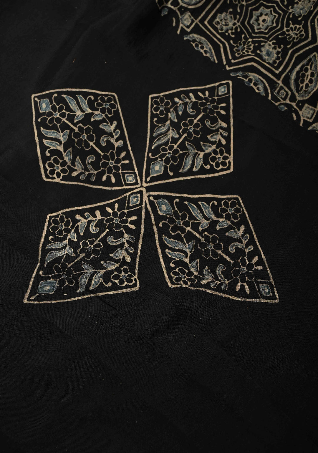 Black Modal Silk Fusion Saree with Hand Block Print and Zari Border