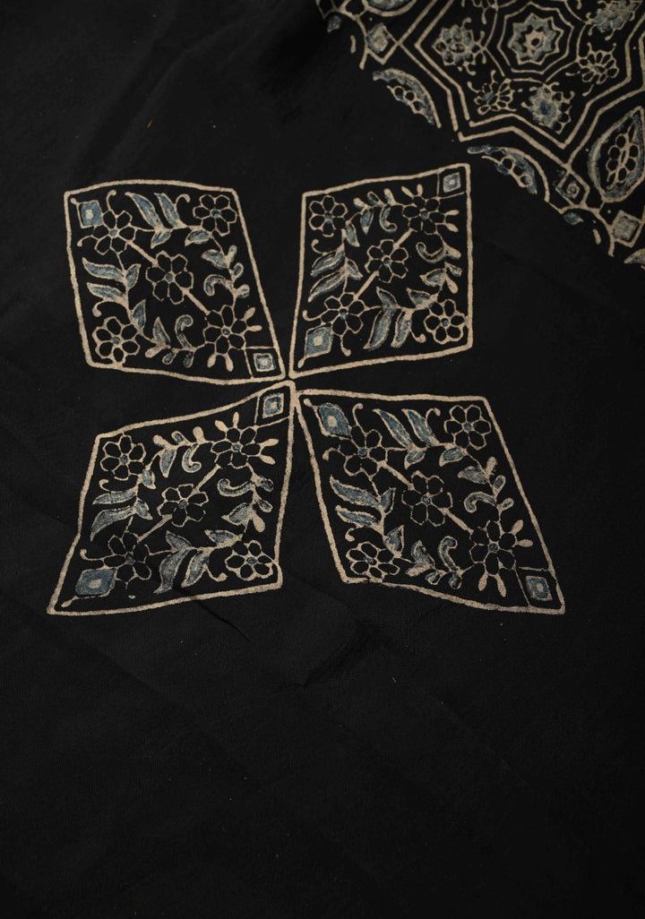 Black Modal Silk Fusion Saree with Hand Block Print and Zari Border