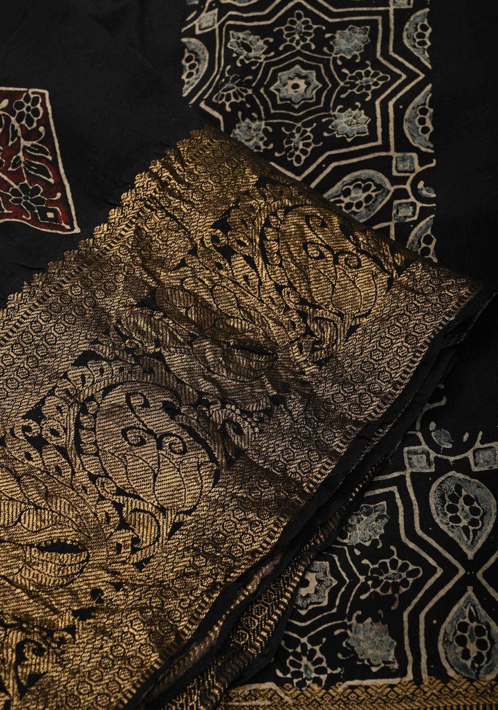 Black Modal Silk Fusion Saree with Hand Block Print and Zari Border