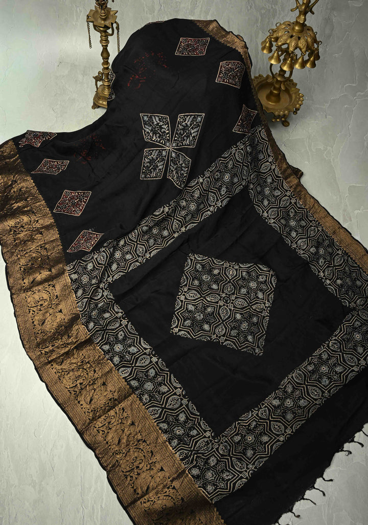 Black Modal Silk Fusion Saree with Hand Block Print and Zari Border