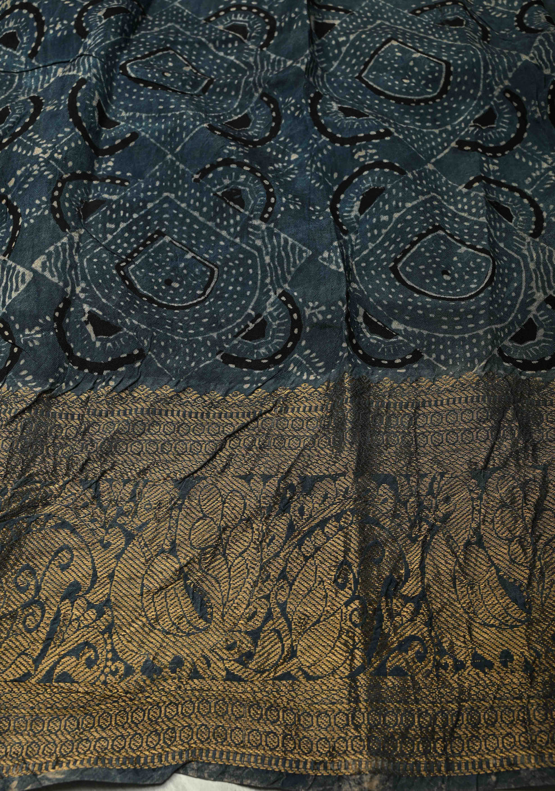 Aegean Blue Modal Silk Fusion Saree with Ajrakh Hand Block Print and Zari Border