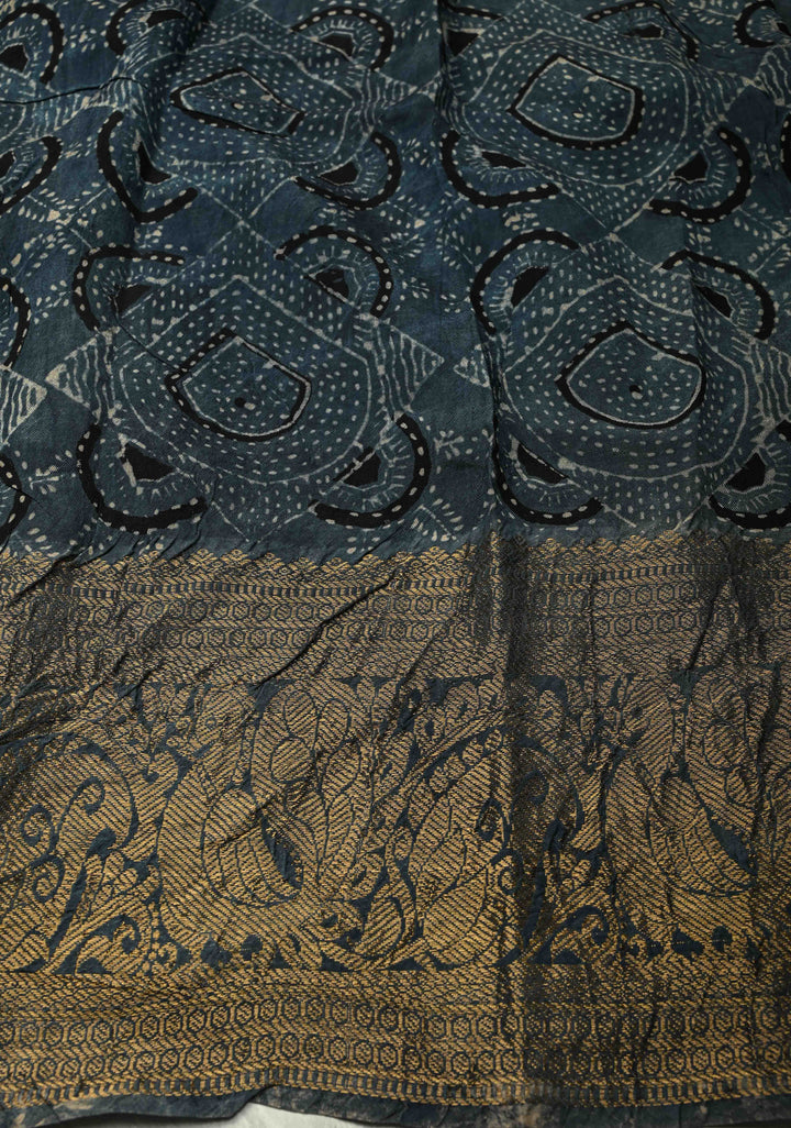 Aegean Blue Modal Silk Fusion Saree with Ajrakh Hand Block Print and Zari Border