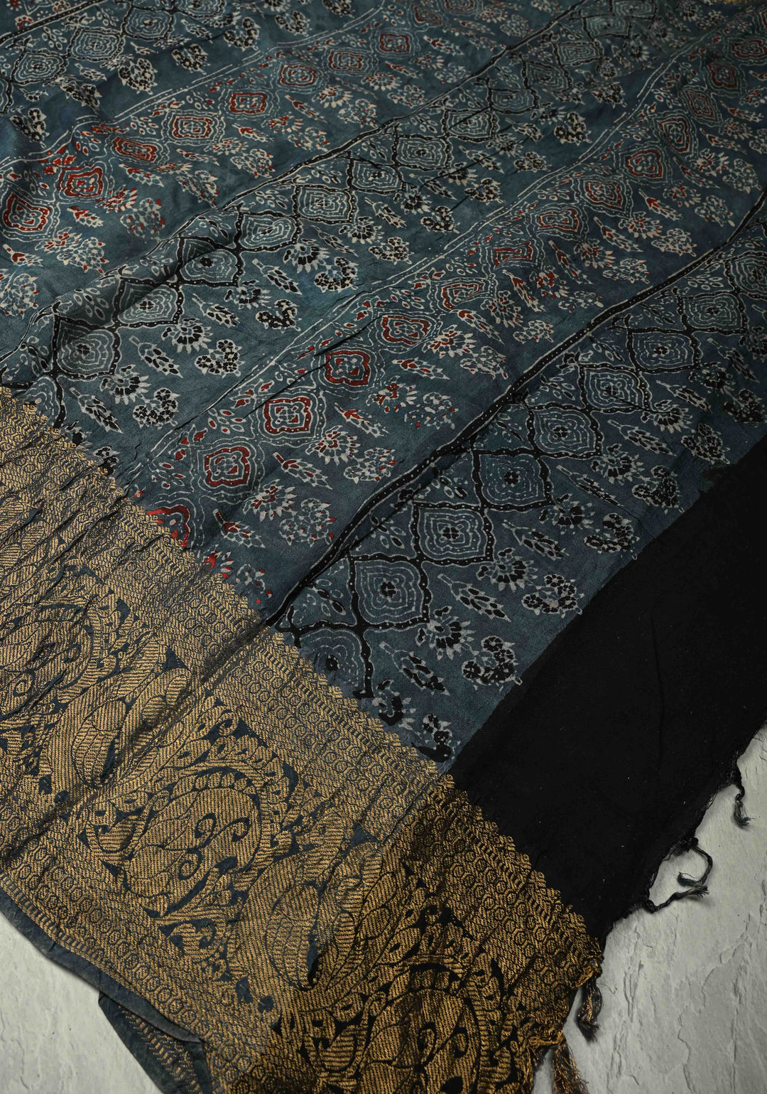 Aegean Blue Modal Silk Fusion Saree with Ajrakh Hand Block Print and Zari Border