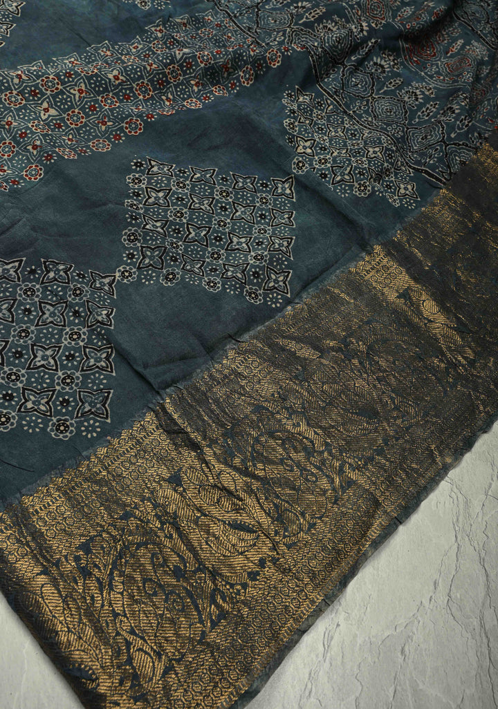Aegean Blue Modal Silk Fusion Saree with Ajrakh Hand Block Print and Zari Border