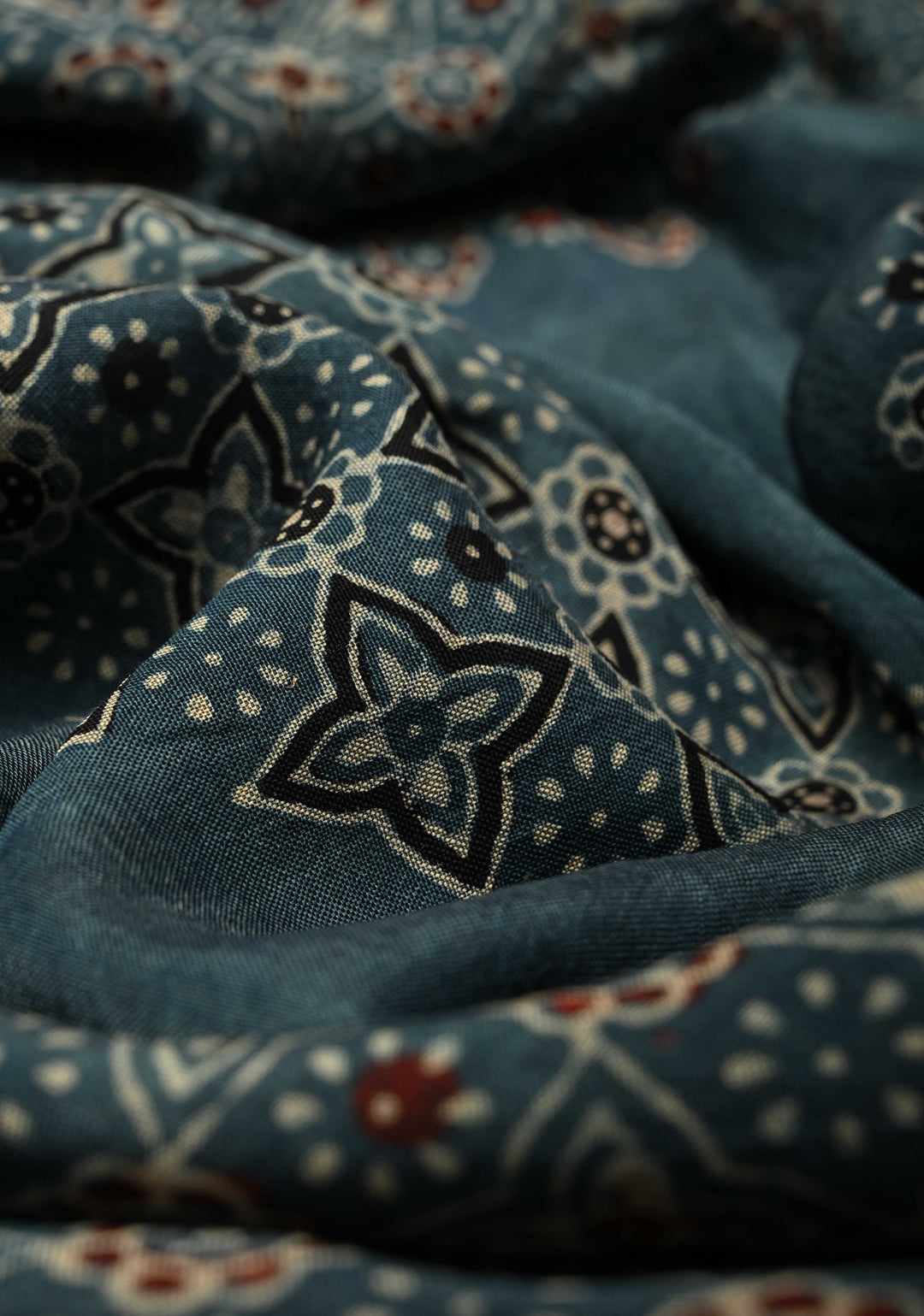Aegean Blue Modal Silk Fusion Saree with Ajrakh Hand Block Print and Zari Border