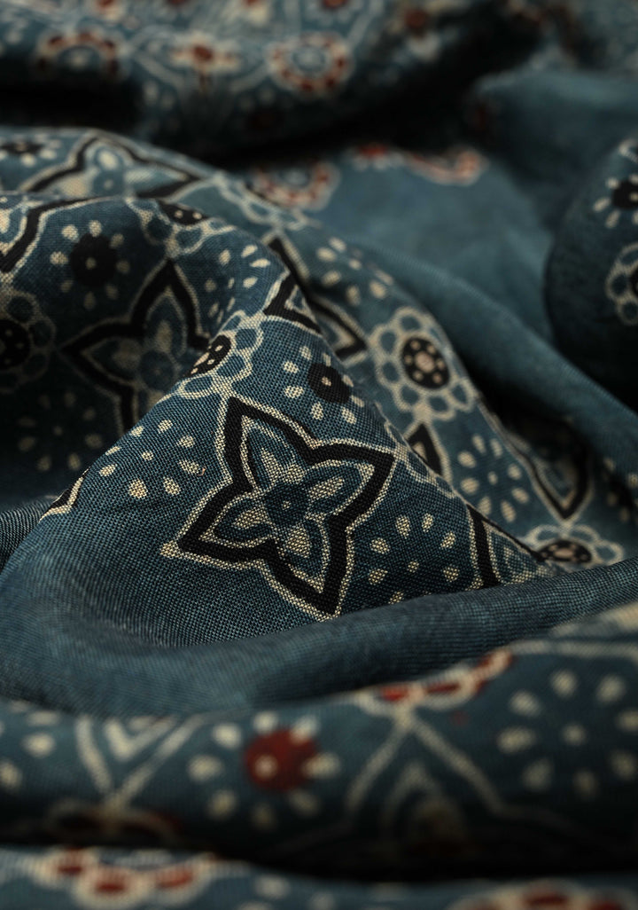 Aegean Blue Modal Silk Fusion Saree with Ajrakh Hand Block Print and Zari Border