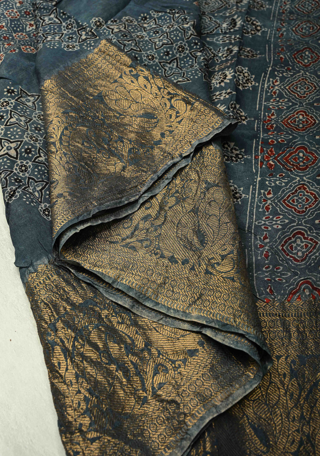Aegean Blue Modal Silk Fusion Saree with Ajrakh Hand Block Print and Zari Border