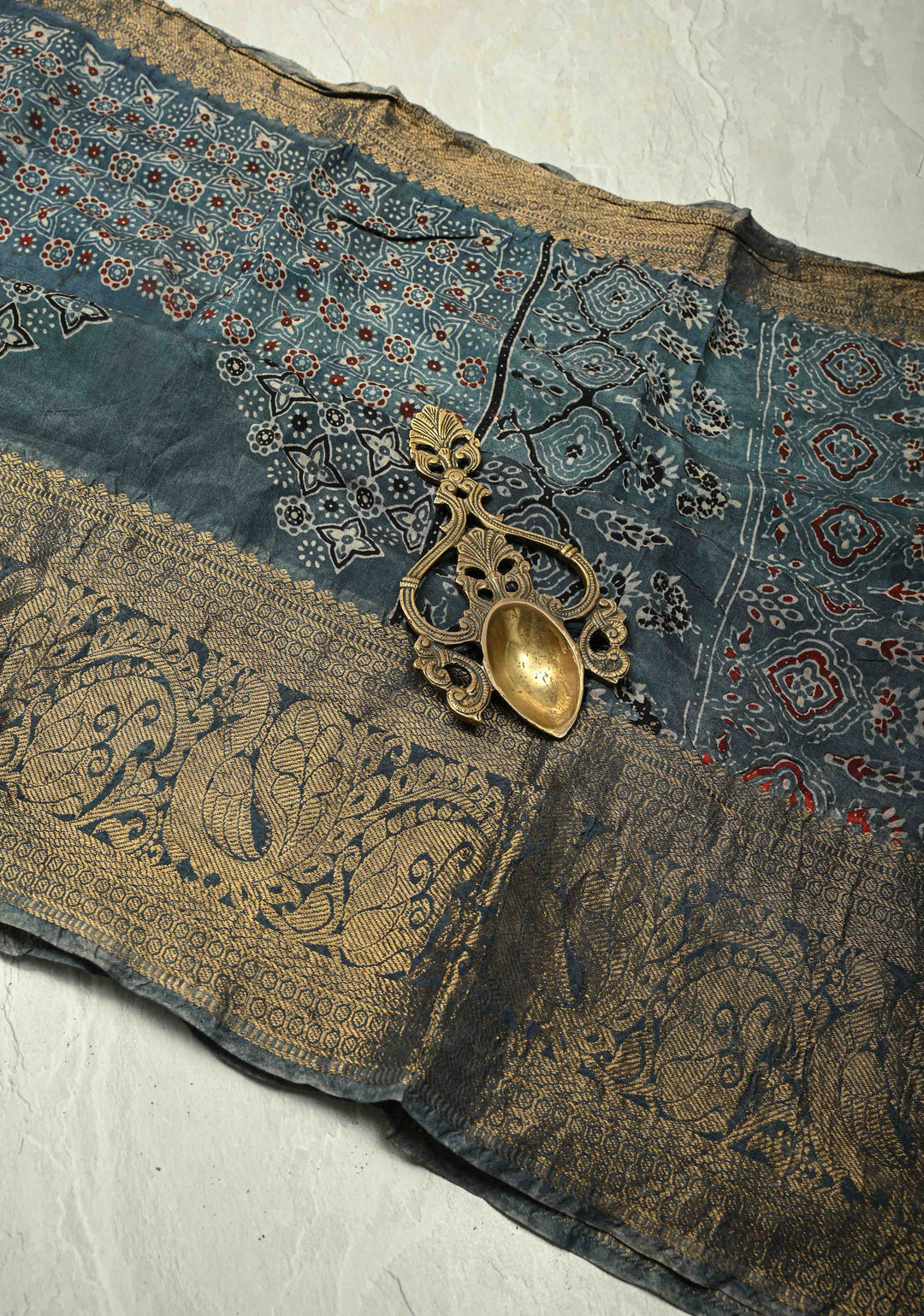 Aegean Blue Modal Silk Fusion Saree with Ajrakh Hand Block Print and Zari Border