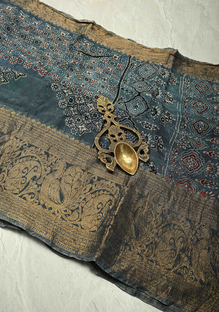 Aegean Blue Modal Silk Fusion Saree with Ajrakh Hand Block Print and Zari Border