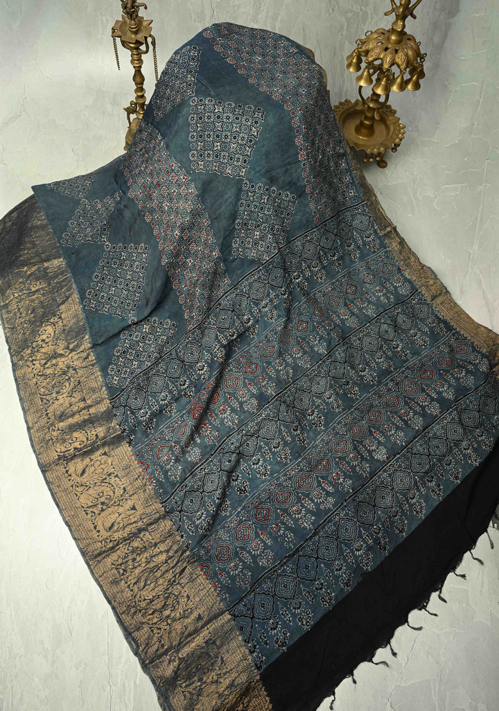 Aegean Blue Modal Silk Fusion Saree with Ajrakh Hand Block Print and Zari Border
